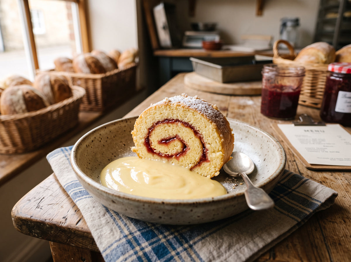 Jam Swiss Roll with custard